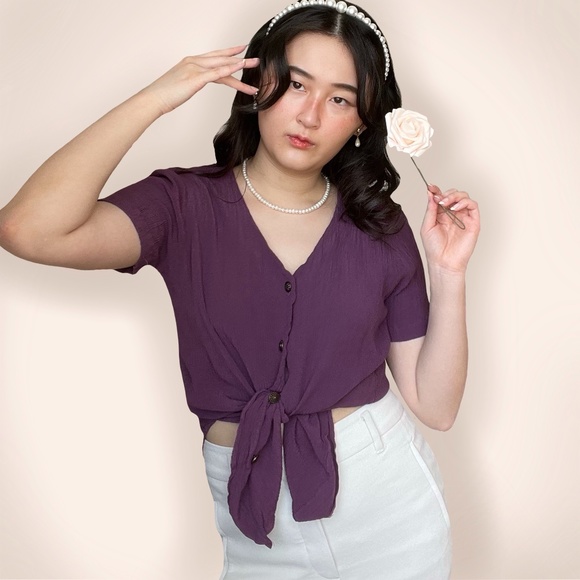 Vintage stretchy ribbed texture short sleeve purpl - Picture 2 of 4